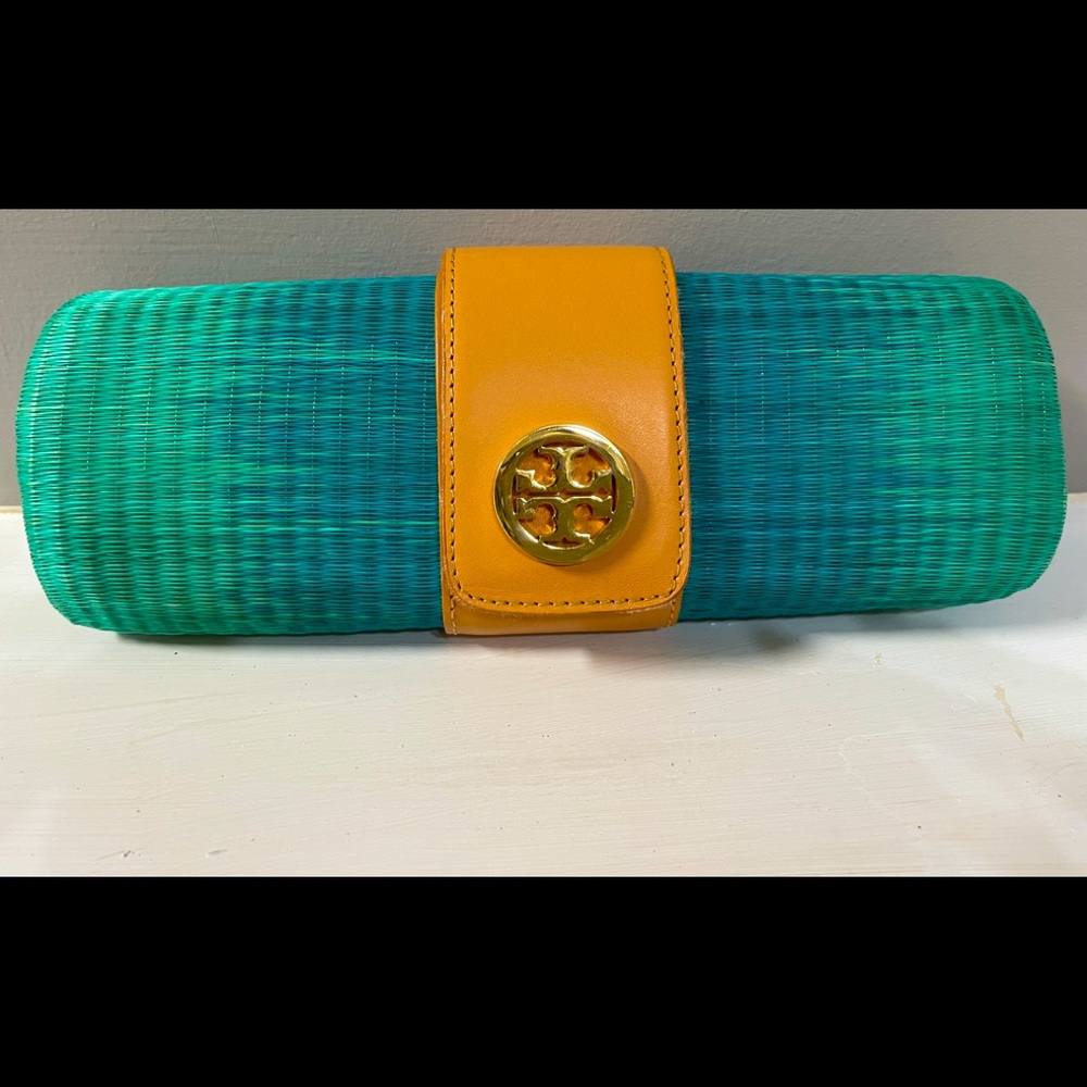 Tory Burch Ombré Turnlock Mint Turquoise Wicker/Leather Clutch